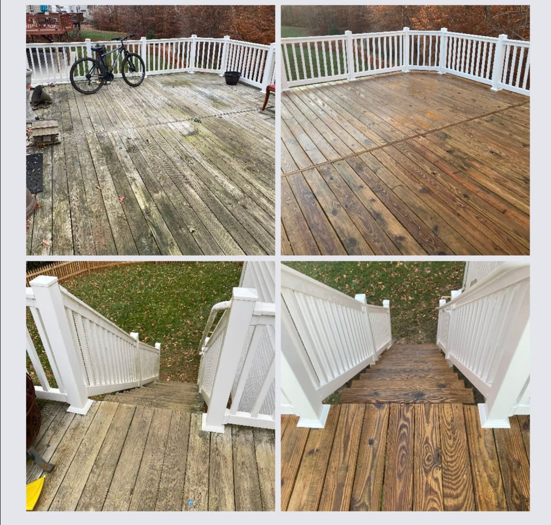 A before and after photo of a deck with a white railing