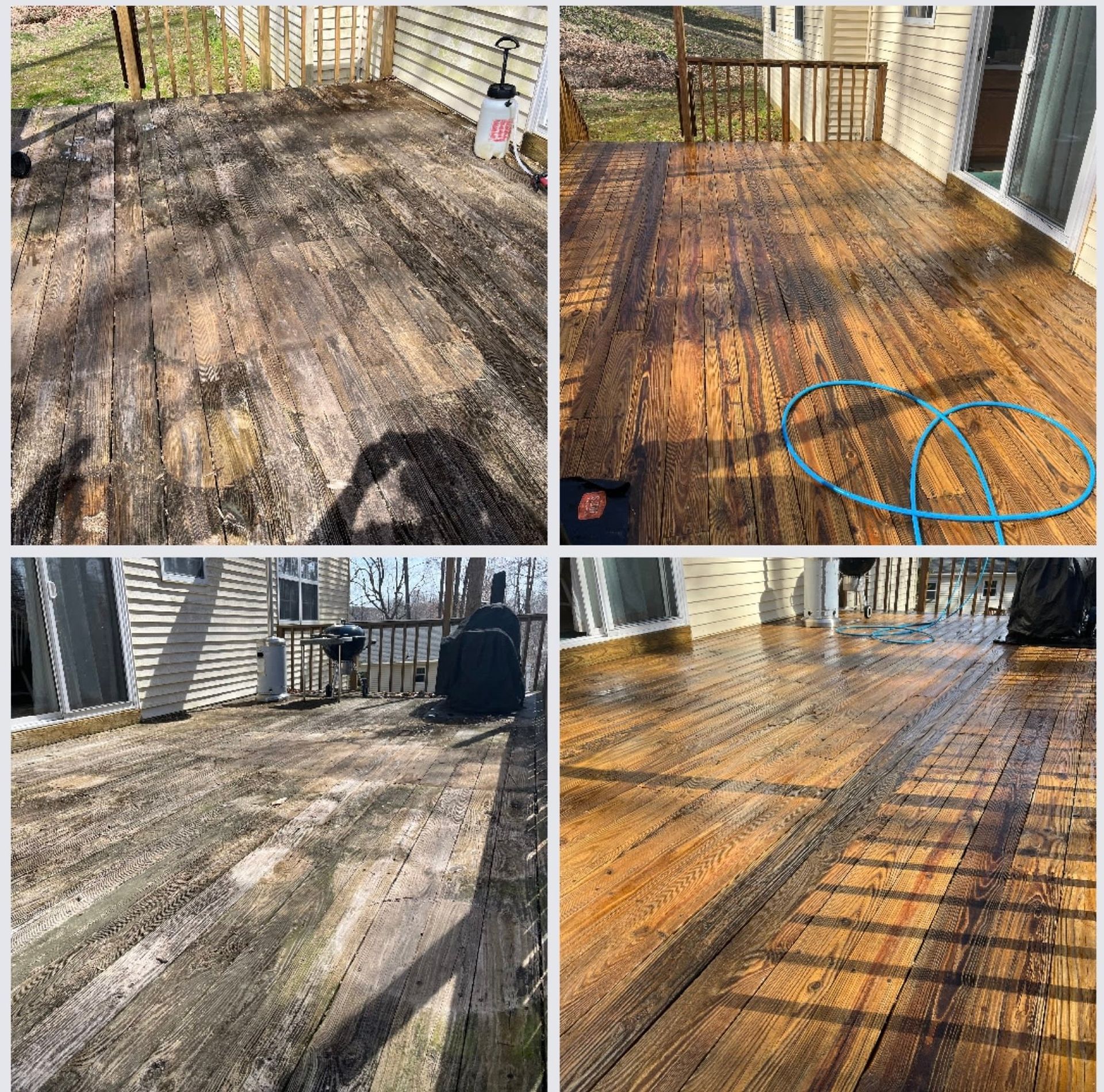 A collage of four pictures of a wooden deck before and after being cleaned.