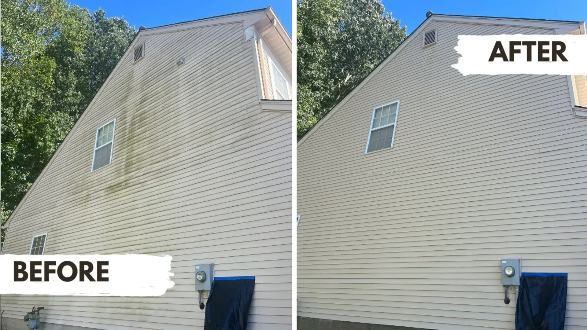 There is a before and after picture of a house.