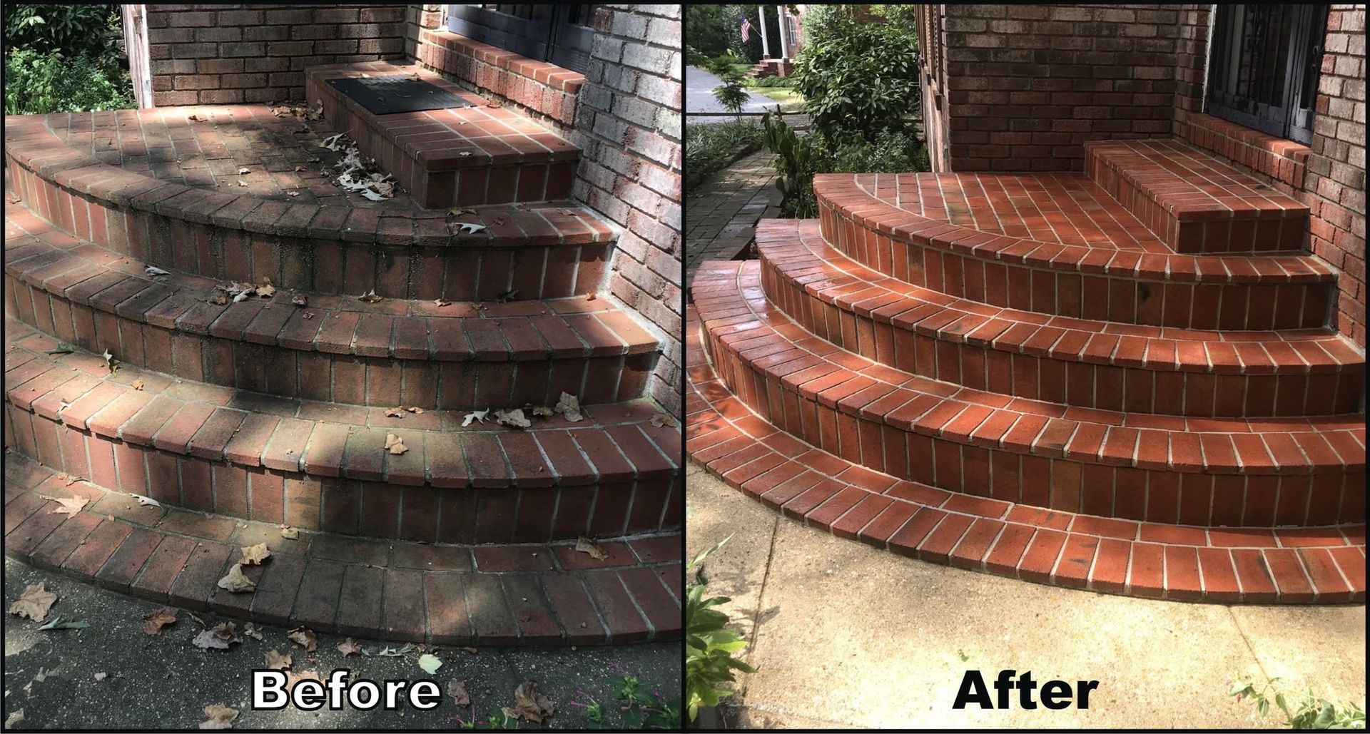 A before and after photo of a brick porch.