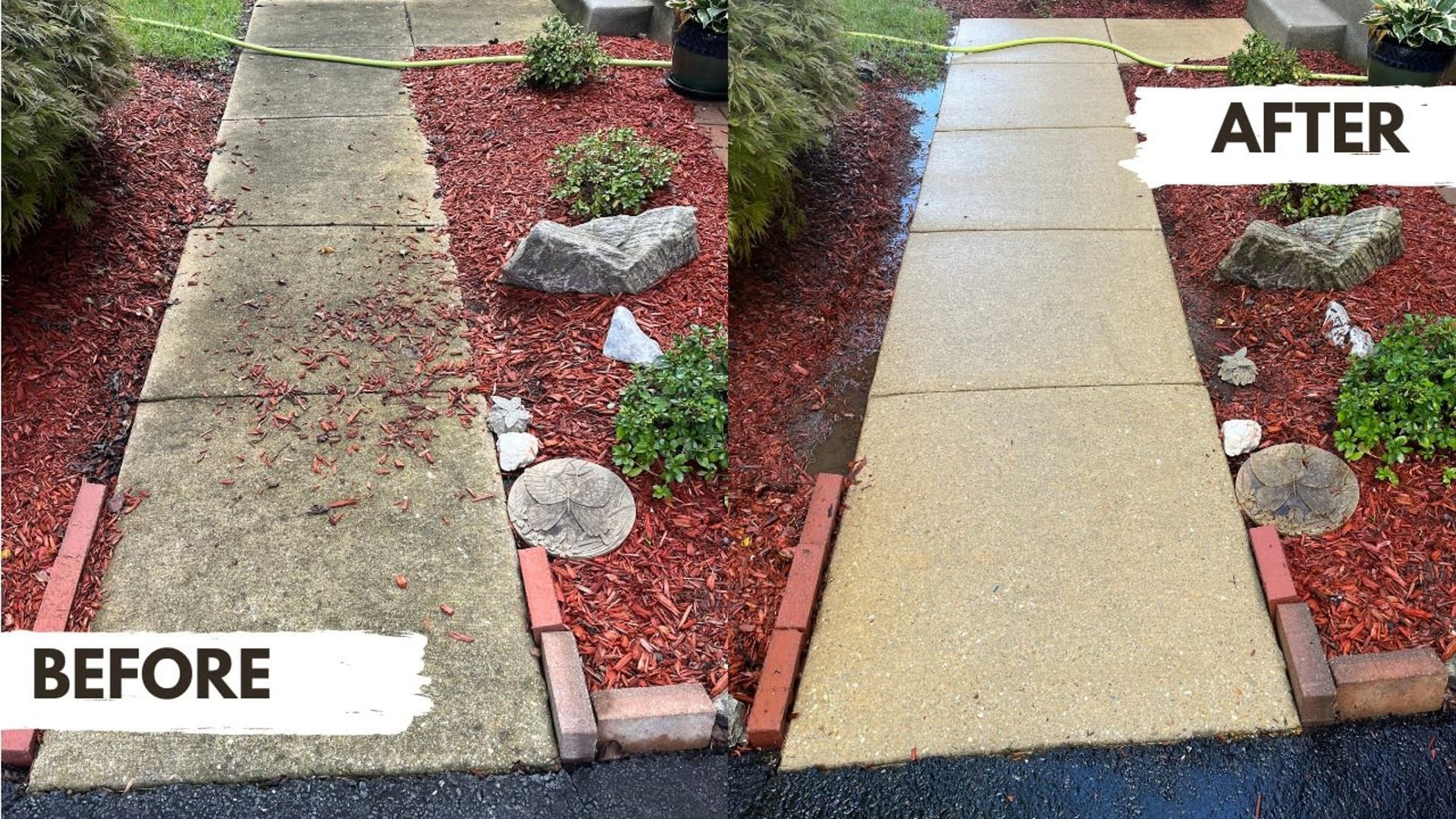 A before and after photo of a concrete walkway.