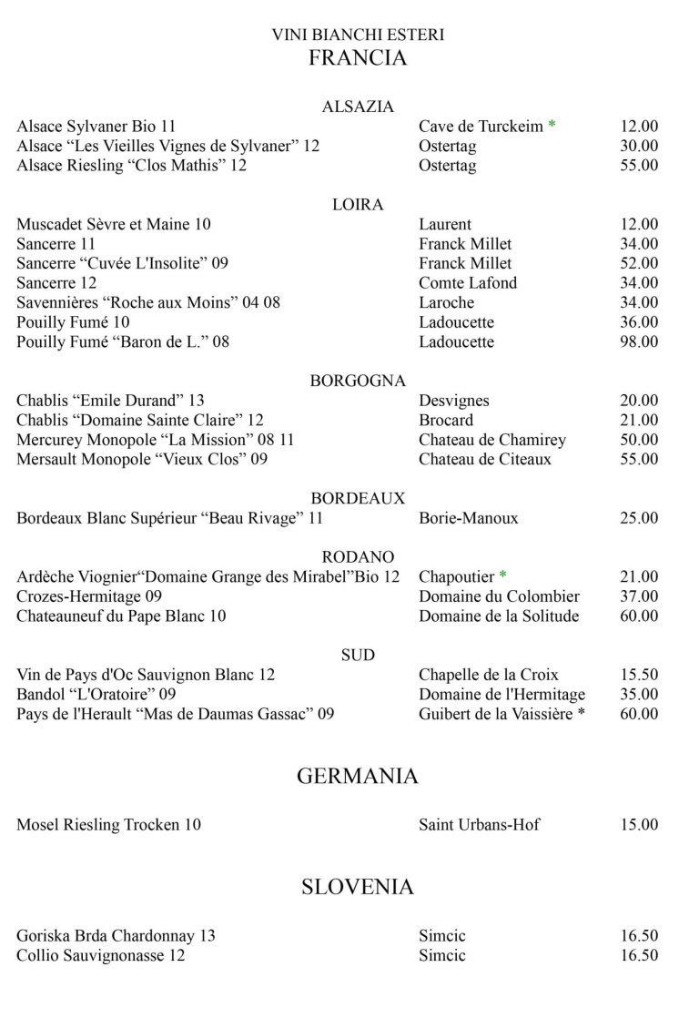 una lista di vini francesi, tedeschi e sloveni