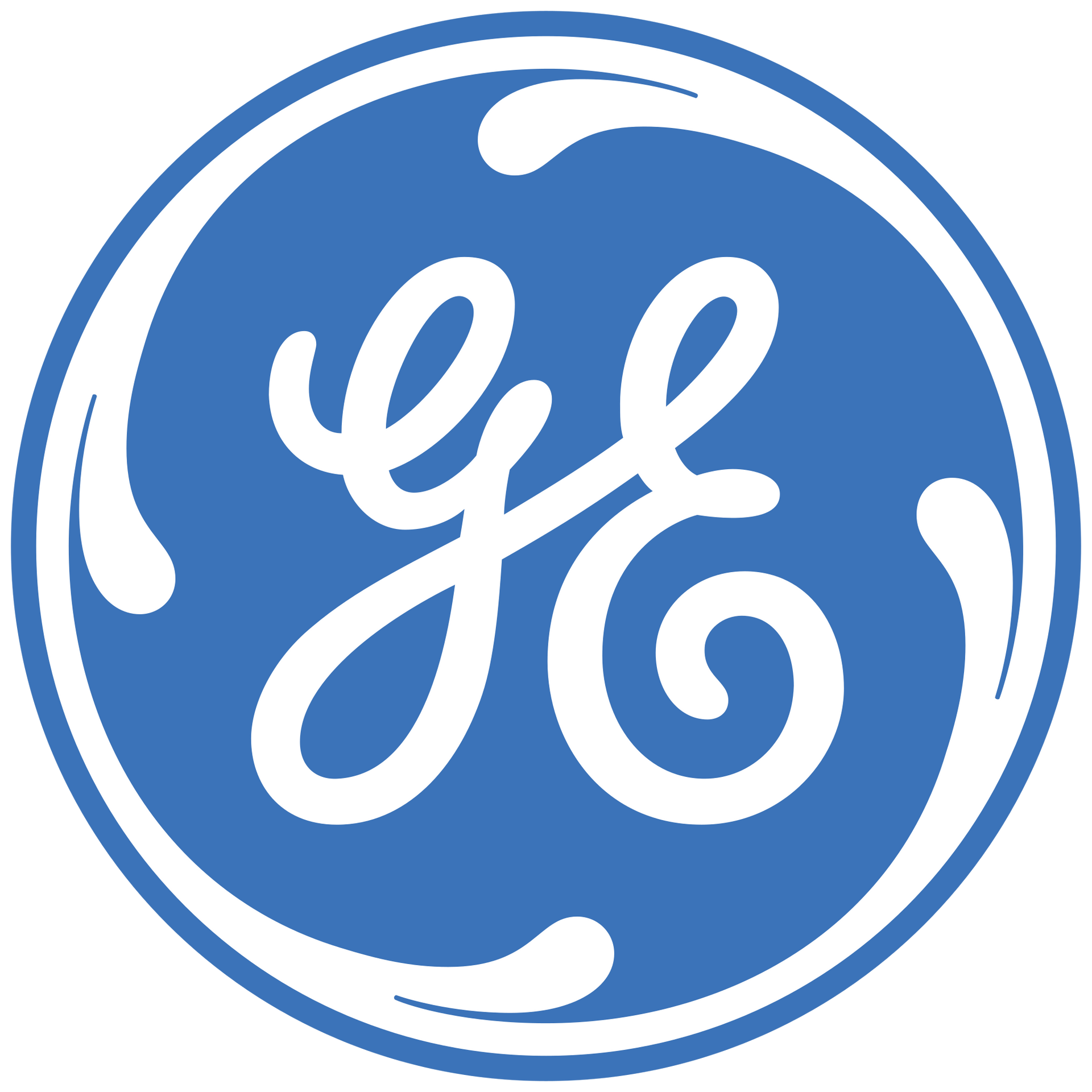 A blue and white ge logo on a white background