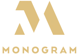 A logo for monogram with a gold letter m on a white background