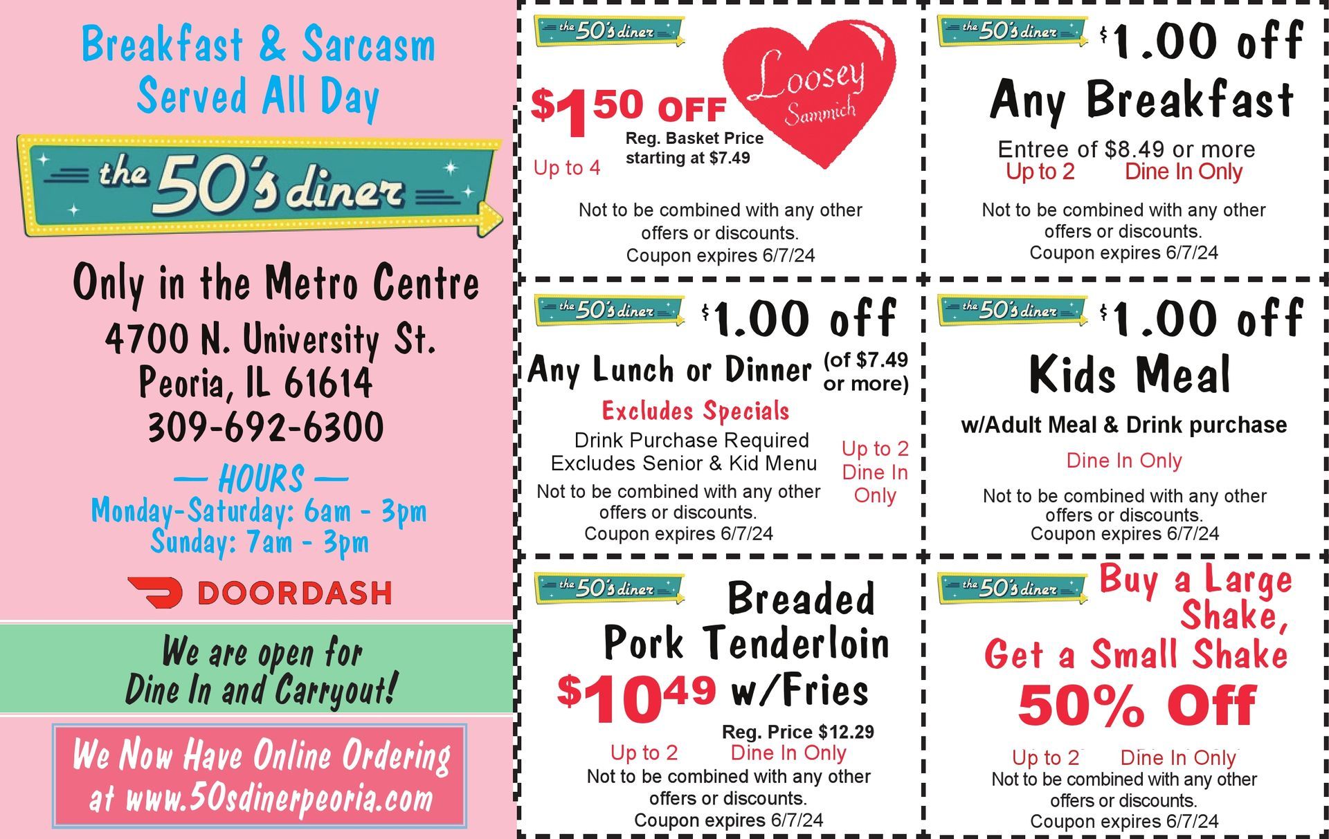 The 50's Diner breakfast lunch dinner coupons Peoria, IL