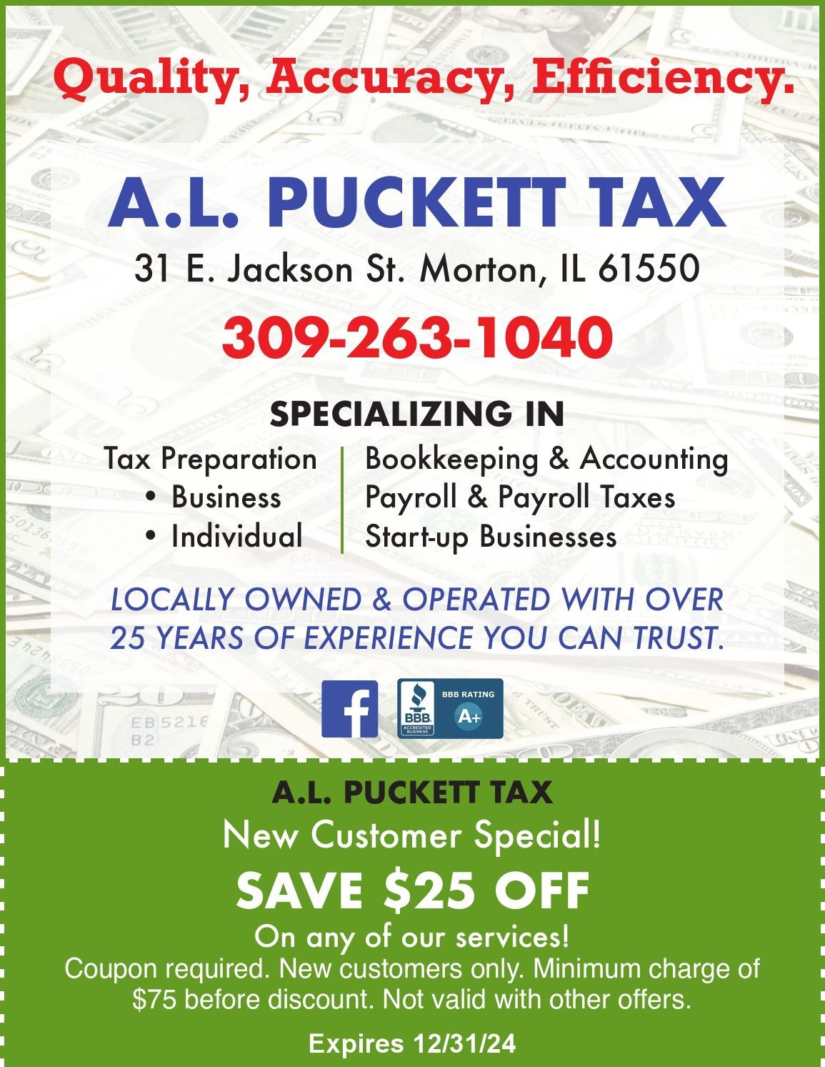 A L Puckett Tax services $25 coupon Morton, IL