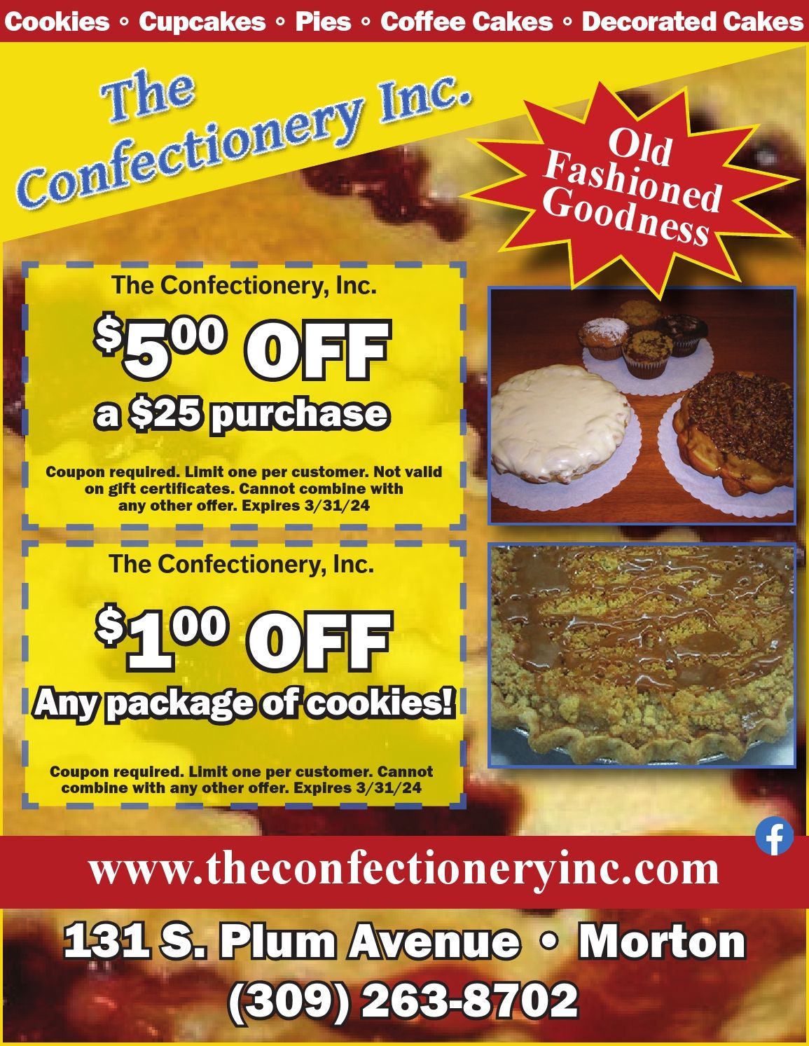 The Confectionery Inc. cookies, pies, cupcakes, coffee cakes, decorated cakes, $5 off and $1 off coupons Morton, IL