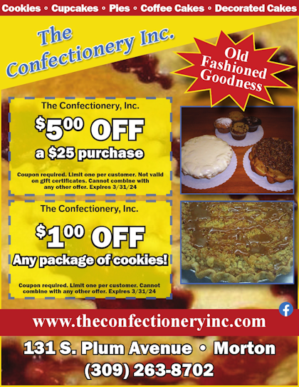 The Confectionery, Inc with $5.00 Off a $25 purchase and $2.00 Off large pies coupons, old fashioned goodness with cookies, cupcakes, pies, coffee cakes, decorated cakes and more located in Morton, IL