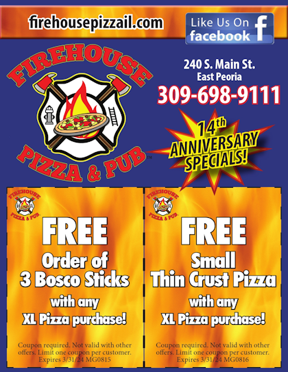 Firehouse Pizza and Pub Free order of Bosco Sticks with any XL pizza and a video gaming $10.00 match play coupons located in East Peoria, IL