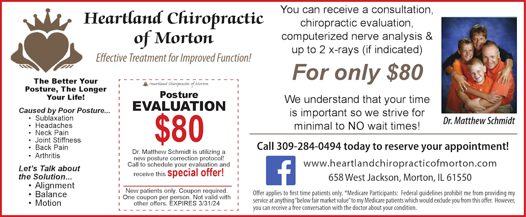 Heartland Chiropractic of Morton Posture Evaluation coupon and also receive a consultation, chiropractic evaluation, computerized nerve analysis & up to 2 x-rays for only $80 in Morton, IL