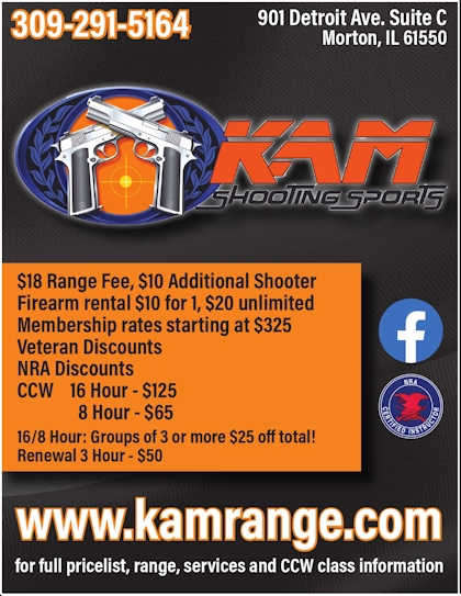 KAM Shooting Sports ammunition, firearm rental and $5.00 off range fee coupons, gun sales CCW classes, conceal carry classes. Morton, IL