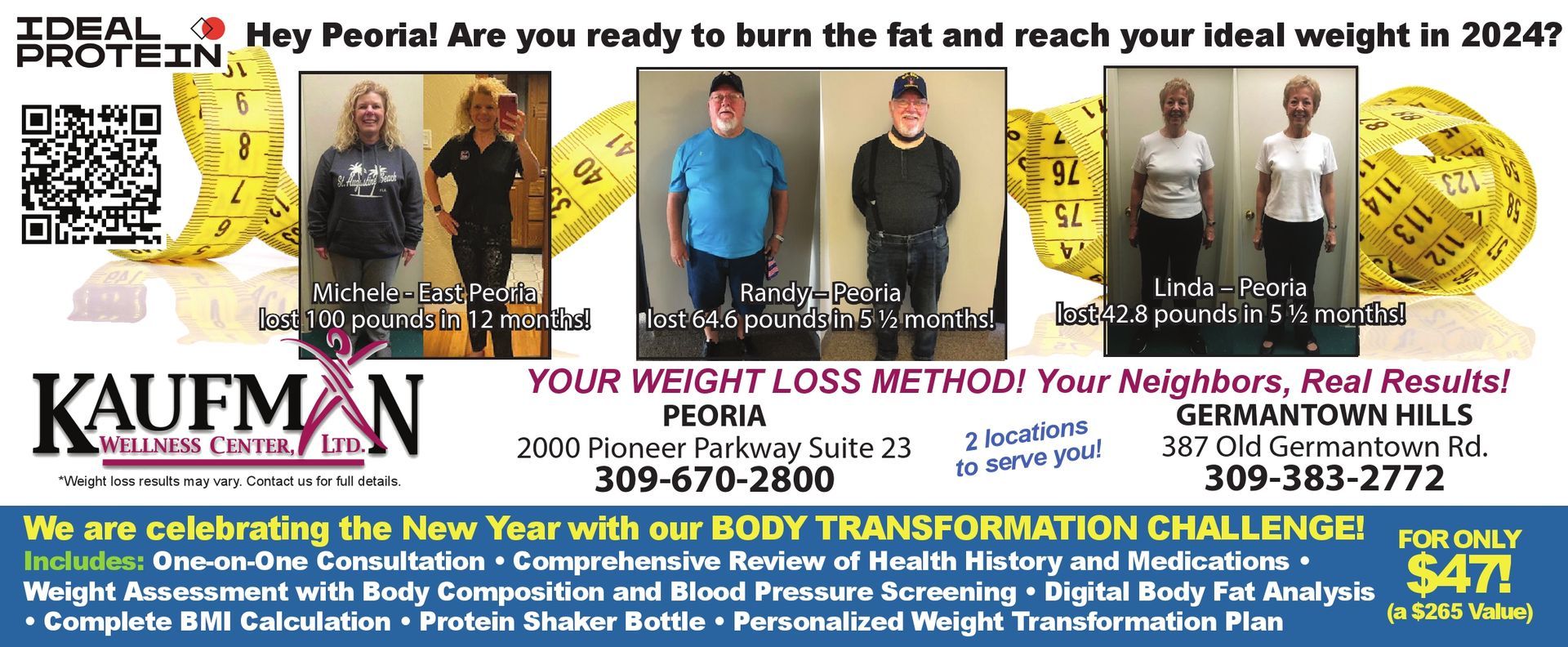 Kaufman Wellness Center, Dr, Kaufman and Dr. Hendricks, special coupon for Medically supervised weight loss program, Ideal Protein Weight Loss Method Program, Peoria and Germantown Hills, IL