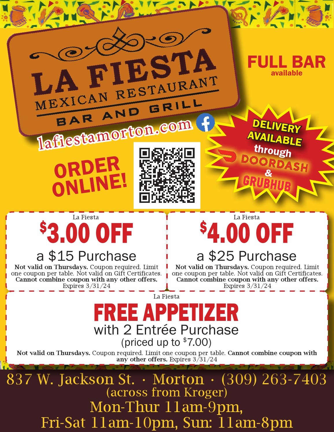 La Fiesta Mexican Restaurant Bar and Grill $2 off $10, $4 off $20, free appetizer coupons, 99 cent taco tuesday Morton, IL