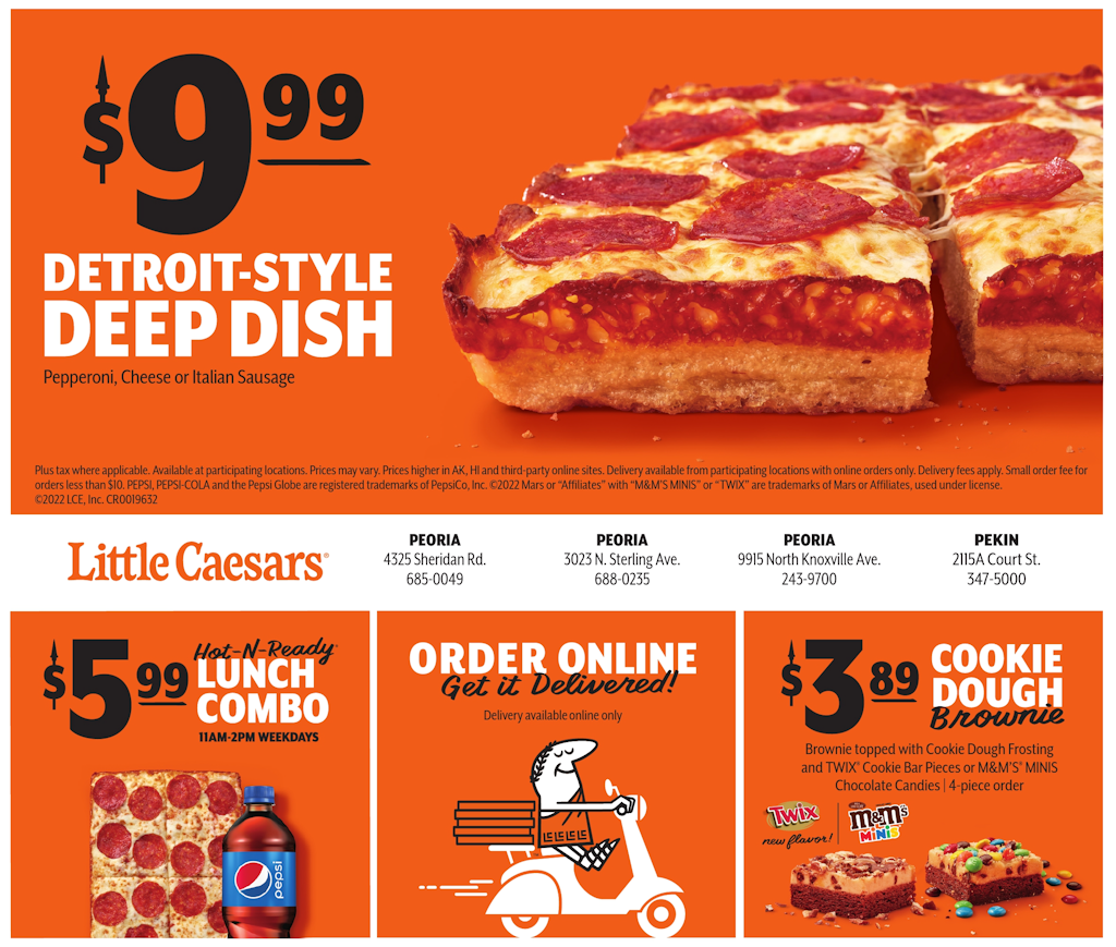Little Caesars Pizza restaurant coupons hot n ready $1 off $5 large classic and $6 extra most bestest pizzas, $1 off crazy combo, any large deep dish, italian cheese bread. Peoria and Pekin, IL
