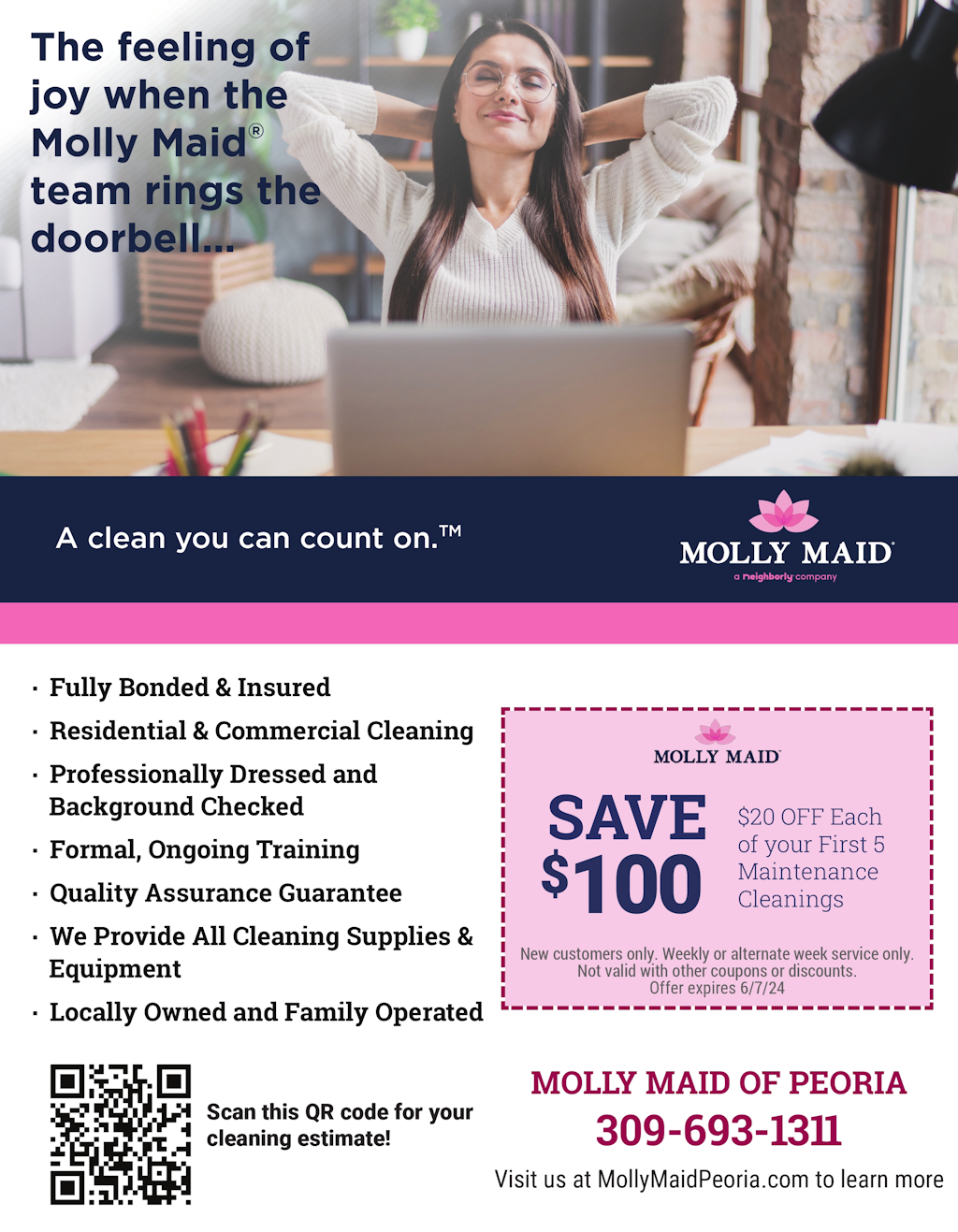 Molly Maid of Peoria home house cleaning services coupons with one time or continual service coupons located in Peoria and service the tri-county area in Illinois