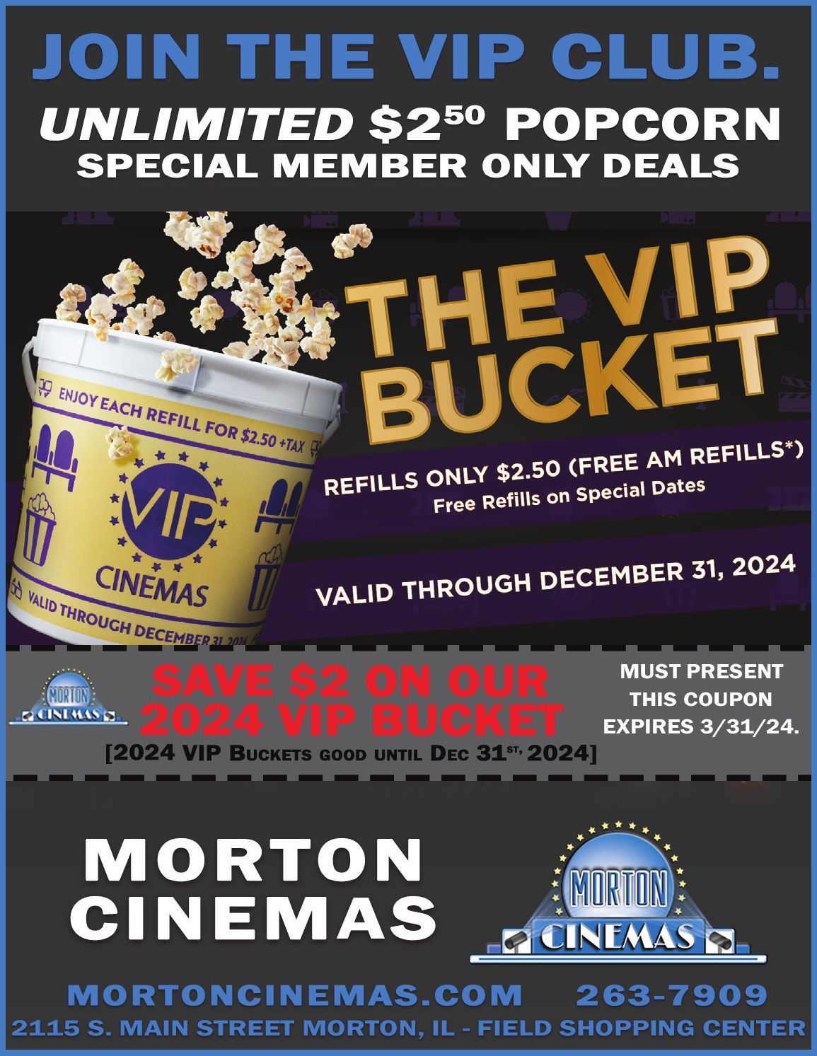 Morton Cinemas movie theater, FREE popcorn with $25 gift card purchase coupon Morton, IL