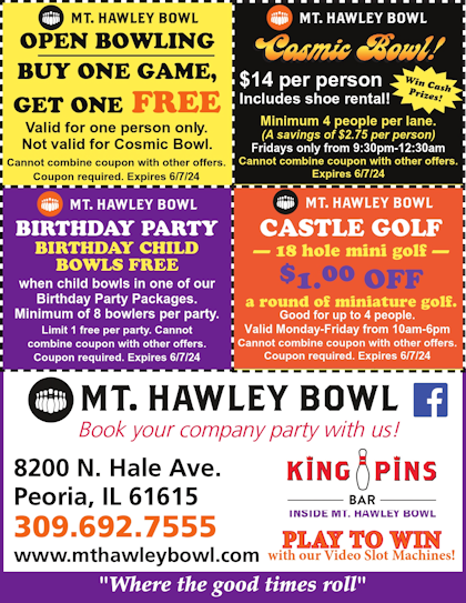 Mt Hawley Bowl cosmic bowling, open bowling, castle golf coupons. Peoria, IL
