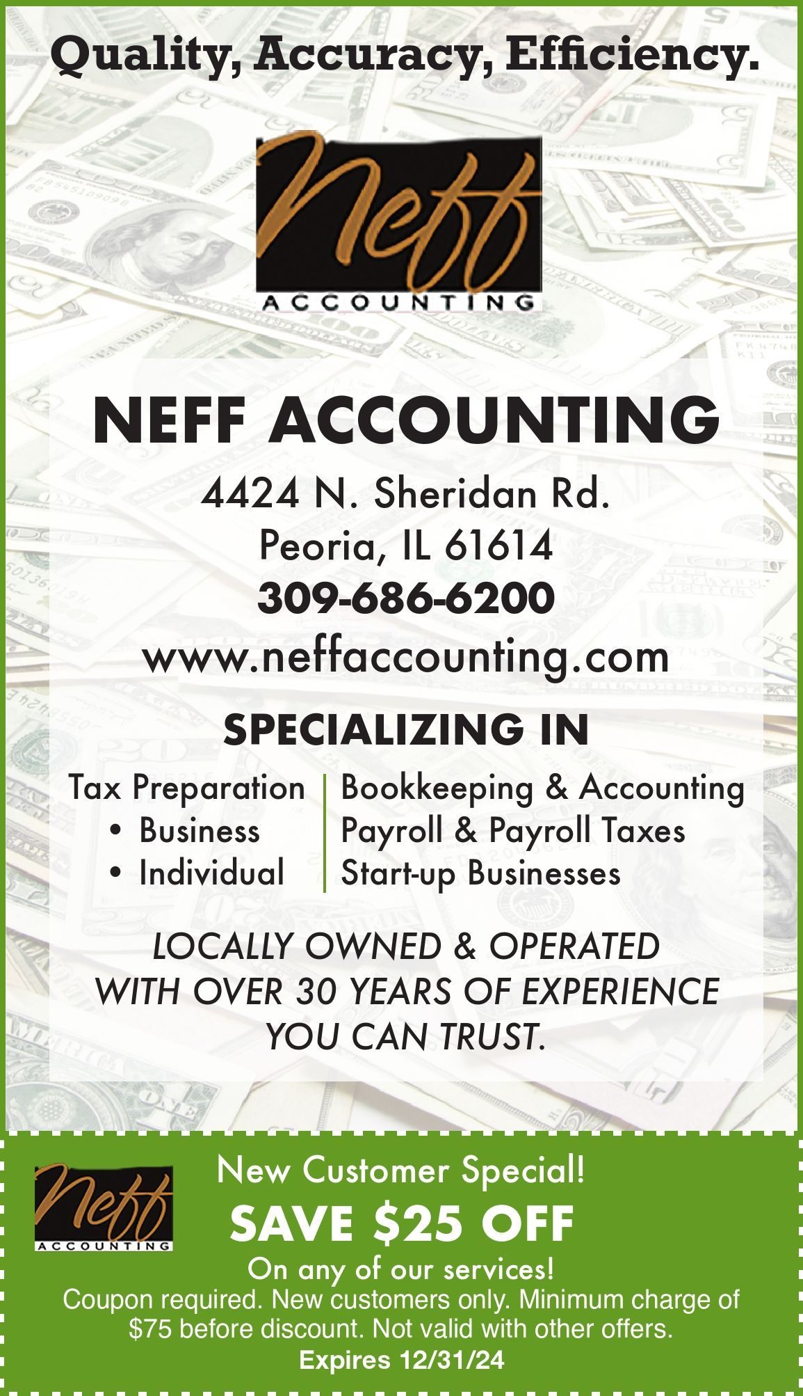 neff accounting $25 off any service, business, individuals, tax extensions, bookkeeping, start-up business. Peoria, IL