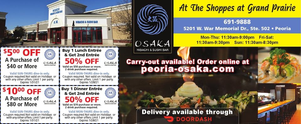 Osaka Hibachi and Sushi Bar, lunch dinner 50% off and $5 and $10 coupons, Grand Prairie, Peoria, IL