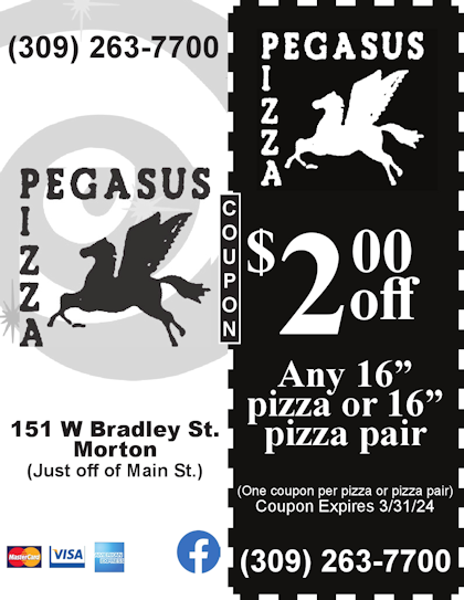 Pegasus Pizza $2.00 Off any 16 pizza or pizza pair, free delivery in Morton, IL