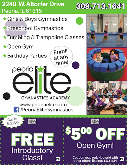 Peoria Elite Gymnastics Academy free trial class and $5 off kids night out open gym coupons Peoria, IL