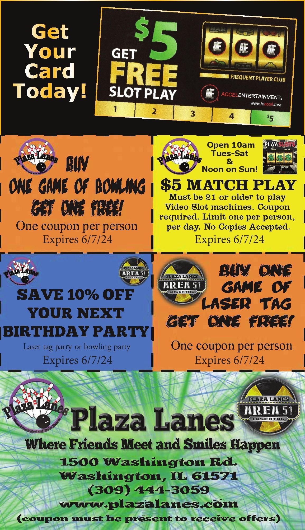 Plaza Lanes Open Bowling, Laser Tag and Birthday coupons, $5 free Match Play video gaming coupon. Washington, IL