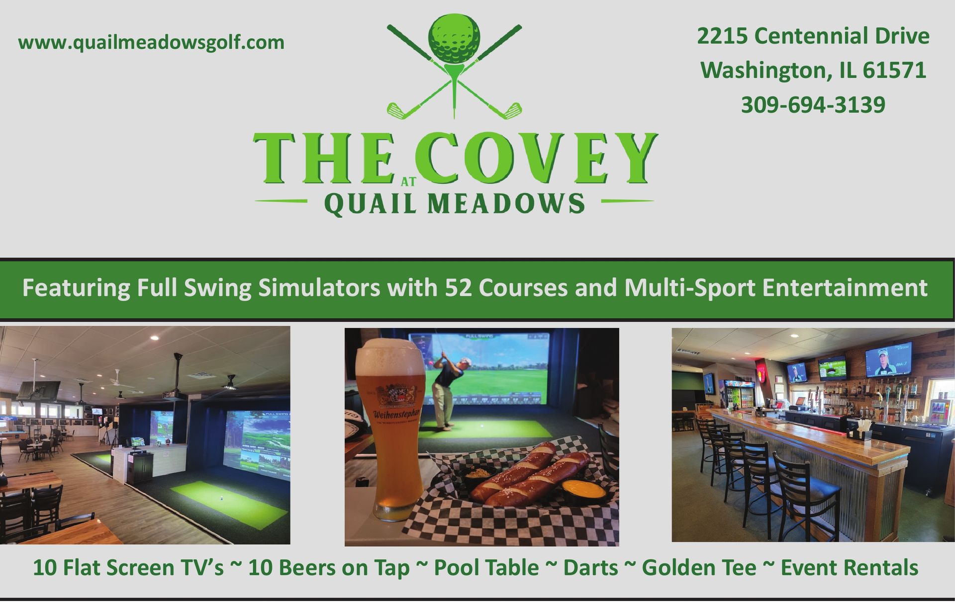 The Covey at Quail Meadows Golf full swing simulators with 52 courses and multi-sport entertainment in Washington, IL
