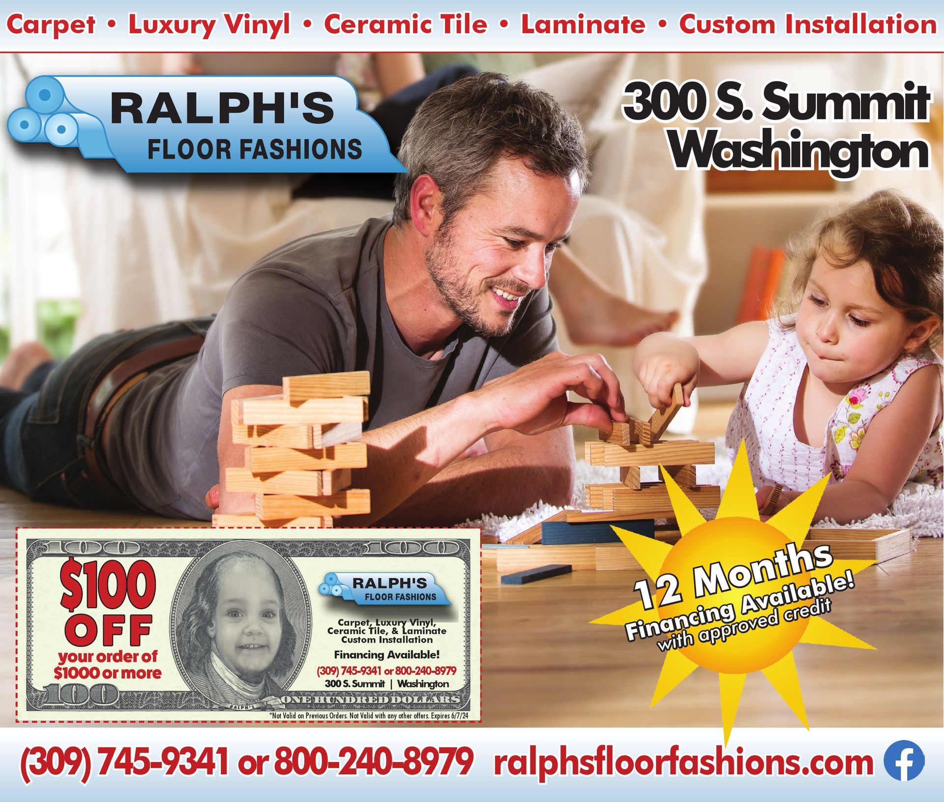 Ralph's Floor Fashions $100 off coupon for carpet, LVT-luxury vinyl, ceramic tile, laminate and installation and more coupon! Washington, IL serving the tri-county. Peoria, IL