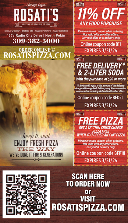 Rosati's Pizza Chicago style, 11% off, free delivery and free pizza coupons, delivery, dine-in, carryout and catering. Located in North Pekin, IL