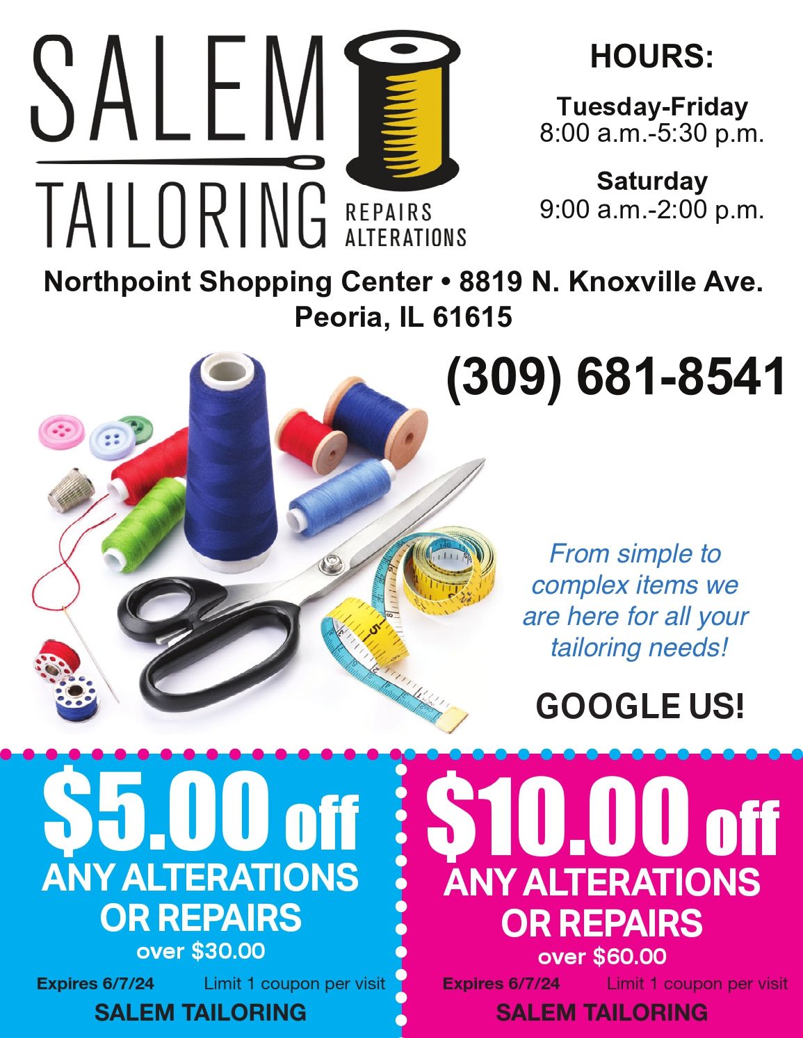 Salem Tailoring, repairs and alterations, formal coupons, jeans, dresses, pants, shirts, hems, all clothing coupons $5 off $30 and $10 off $60, Northpoint Shopping Center, Peoria, IL