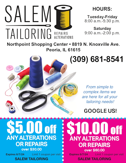 Salem Tailoring alterations repairs $5 and $10 off coupons Peoria, IL Northpoint Shopping Center