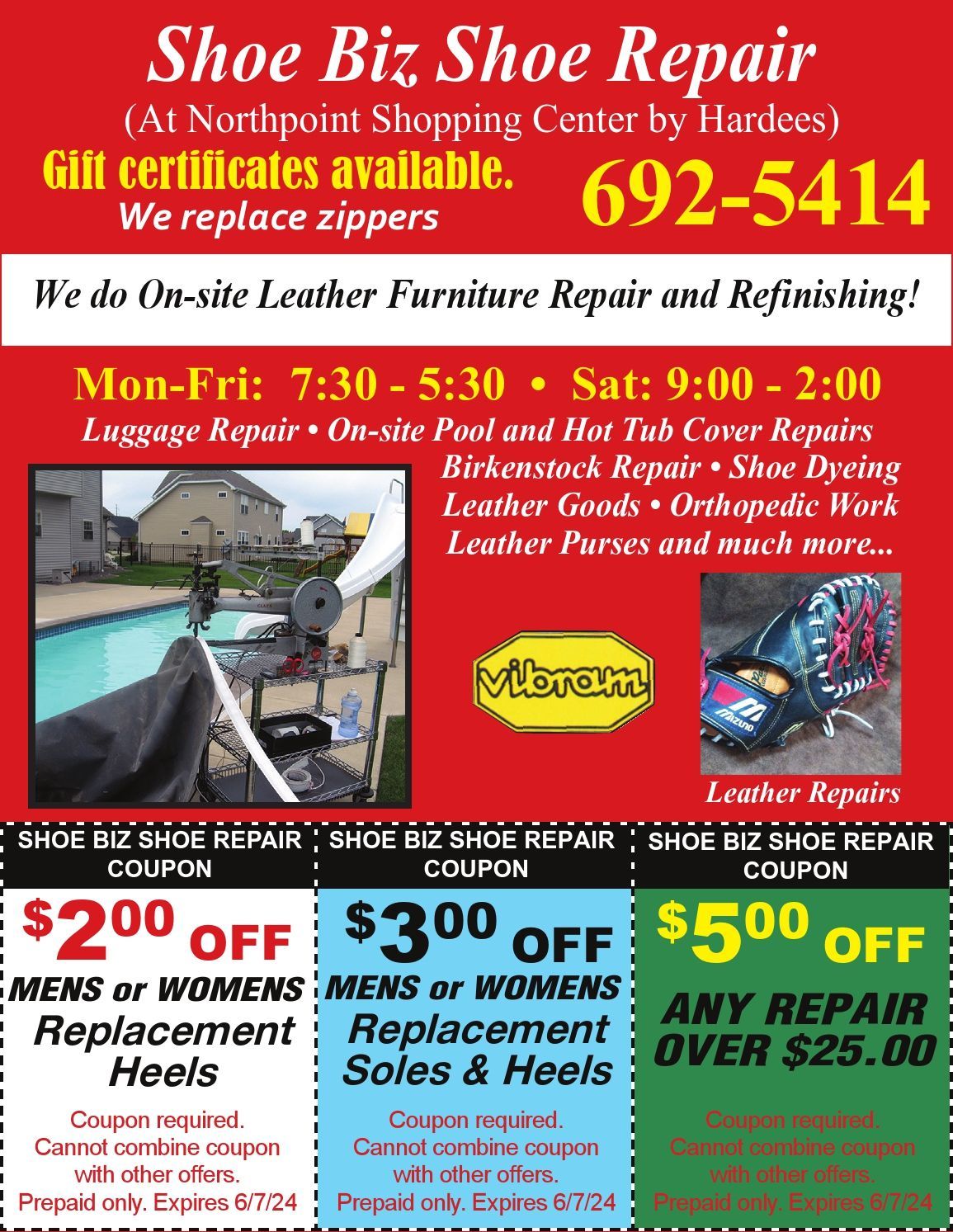 Shoe Biz Shoe Repair, replacement soles & heels, in-home repairs, pool, hot tub cover repairs, leather, shoe dyeing, $5 off $25 coupons, Northpoint Shopping Center, Peoria, IL