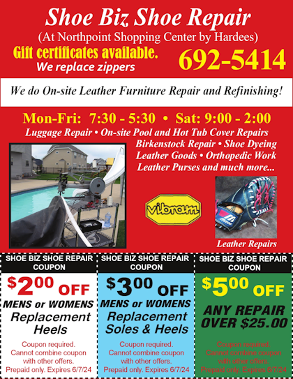 Shoe Biz Shoe Repair expert repairs coats jackets hot tub covers dyeing $2, $3 and $5 coupons Peoria, IL Northpoint Shopping Center