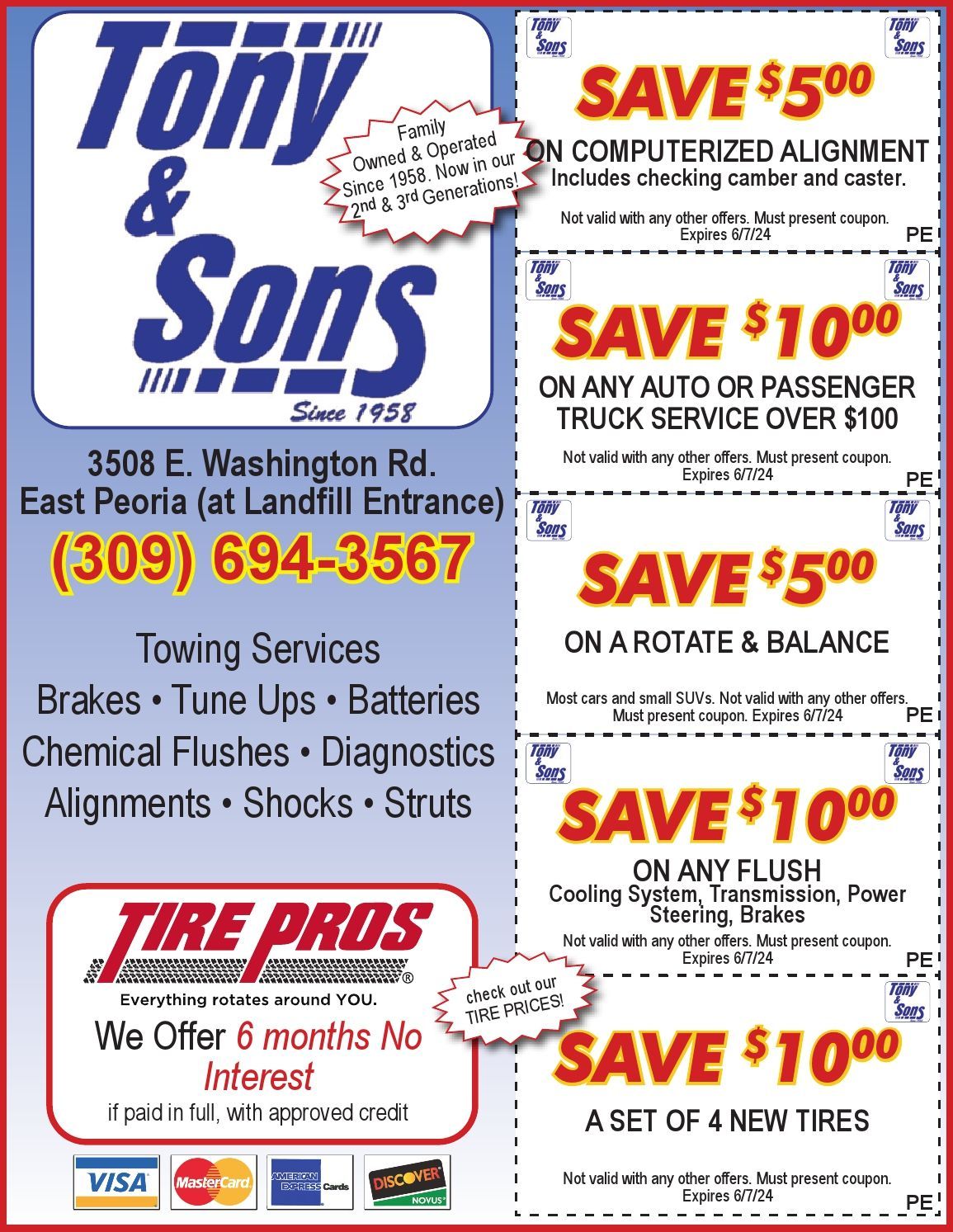 Tony and Sons complete auto service, tires, repairs, maintainence, rotate and balance, oil change coupons East Peoria, IL