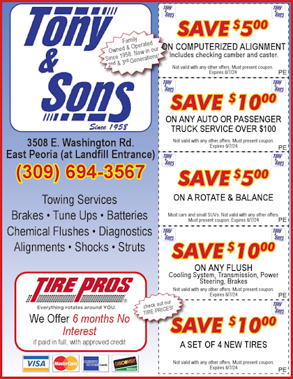 Tony and Sons auto service, repairs, alignments, tires, maintenance, oil change and $10 off $100 coupons located in East Peoria, IL 24/7 emergency service available