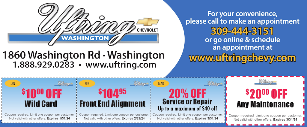 Uftring Chevy in Washington service coupon for 10% off your service and repairs, 10% off any flush for October, $59.95 front end alignment for November and $24.95 oil change coupon located in the temporary location in Washington, IL