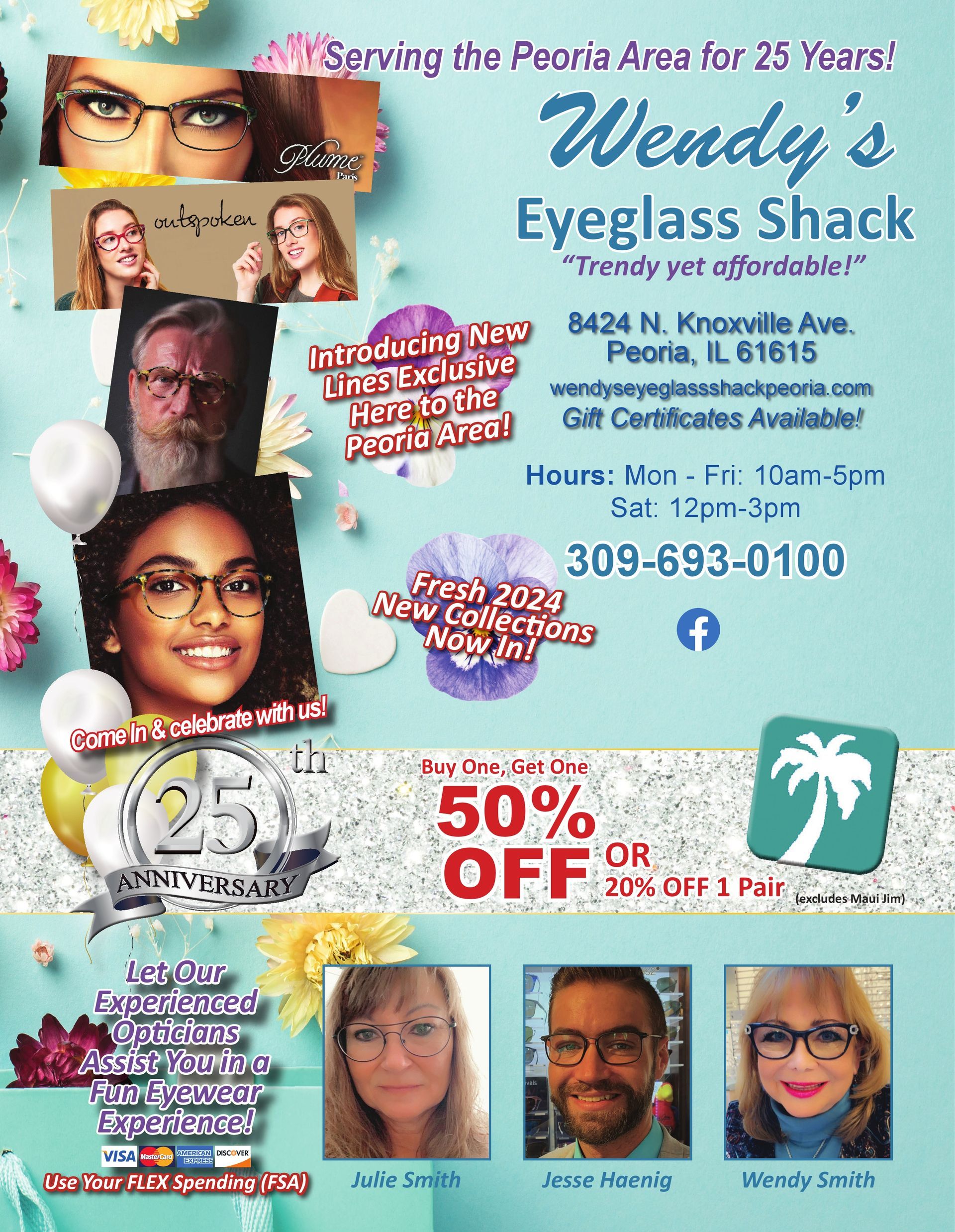 Wendy's Eyeglass Shack eyeglasses, sunglasses, repairs, adjustments, service. BOGO 50% off or 20% off coupon on eyeglasses. Peoria, IL