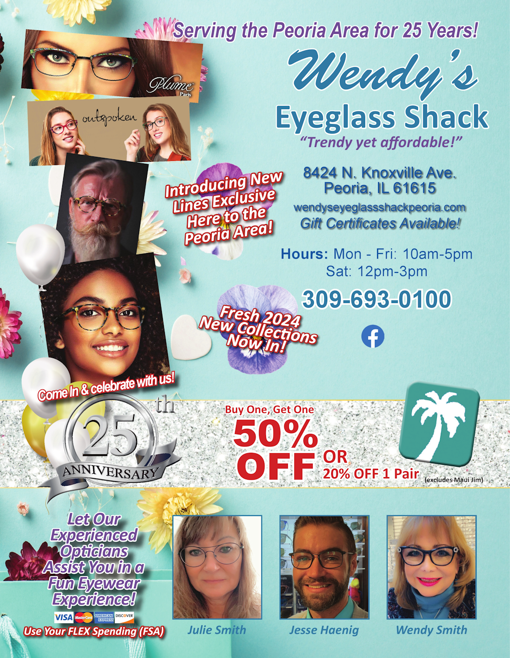 Wendy's Eyeglass Shack eye glasses, sunglasses, repairs, adjustments 20% off coupon and free gift wrap. Peoria, IL