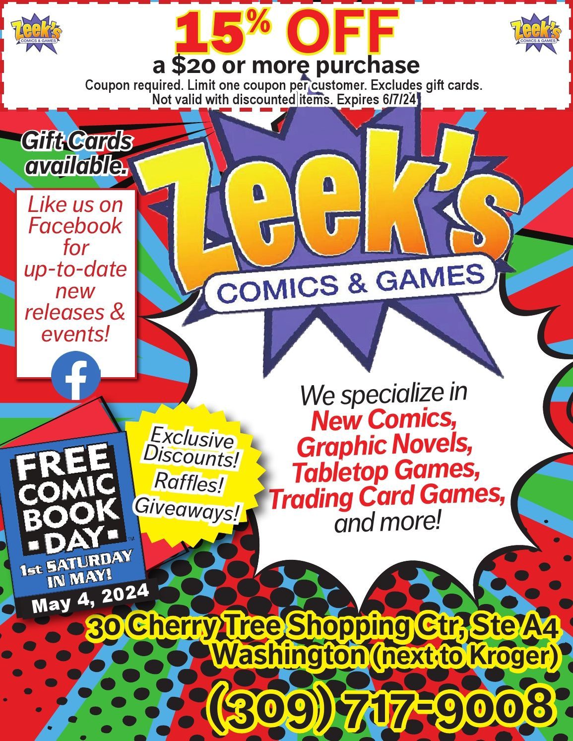 Zeeks Comics and Games coupon free comic book day in Washington, IL just 15 minutes from Peoria!