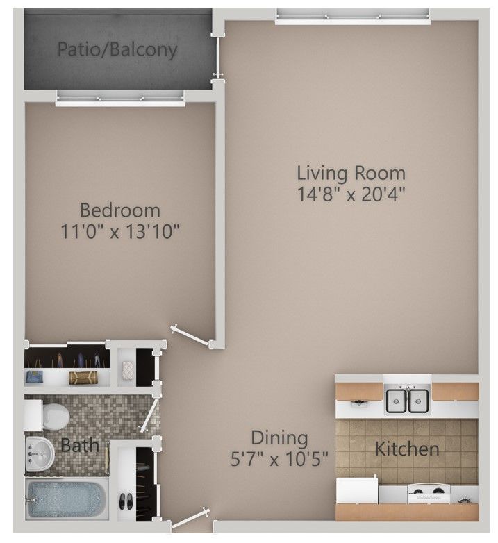 Floor plan of an apartment with a bedroom, living room, dining area, kitchen, and patio/balcony.