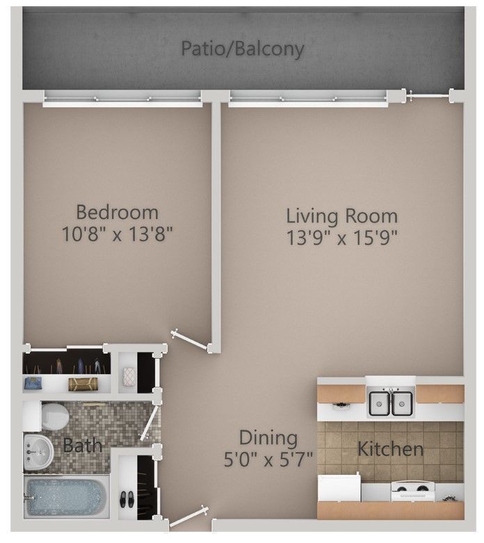 Floor plan of an apartment with a bedroom, living room, kitchen, dining area, bathroom, and patio.