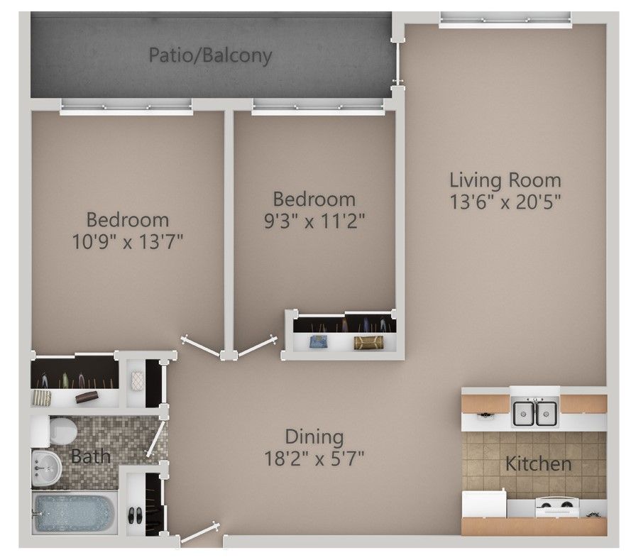Floor plan of a two-bedroom apartment with a living room, kitchen, dining area, and patio.