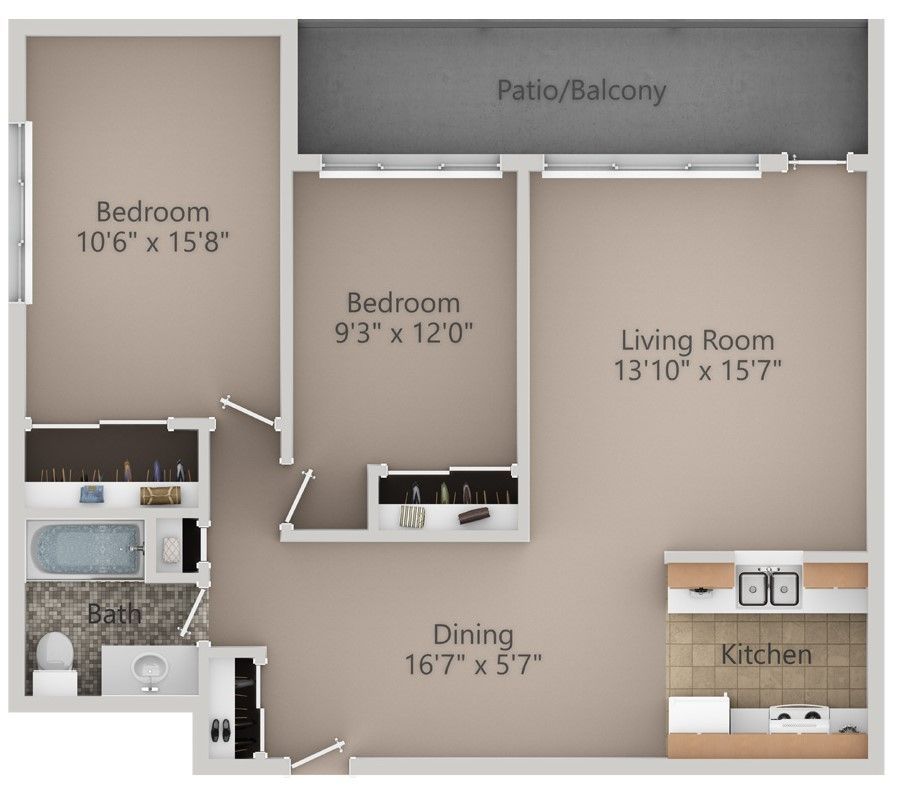 Floor plan of a two-bedroom apartment with a living room, dining area, kitchen, bathroom, and patio/balcony.