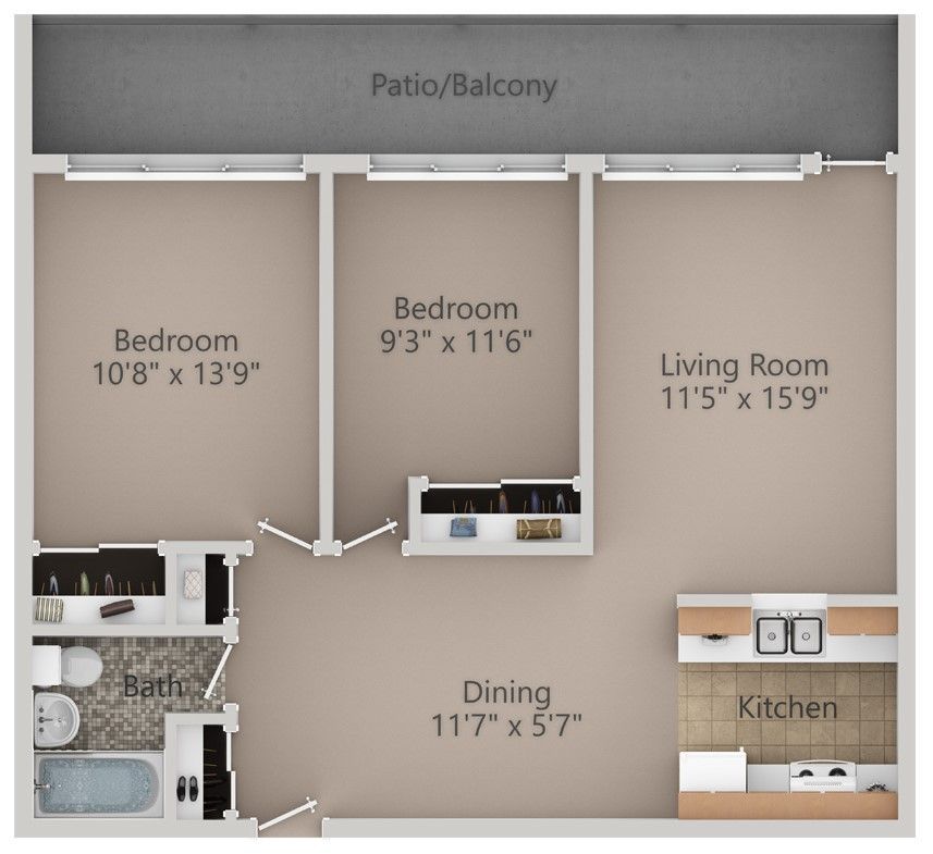 Floor plan of a two-bedroom apartment with a living room, dining area, kitchen, and patio.