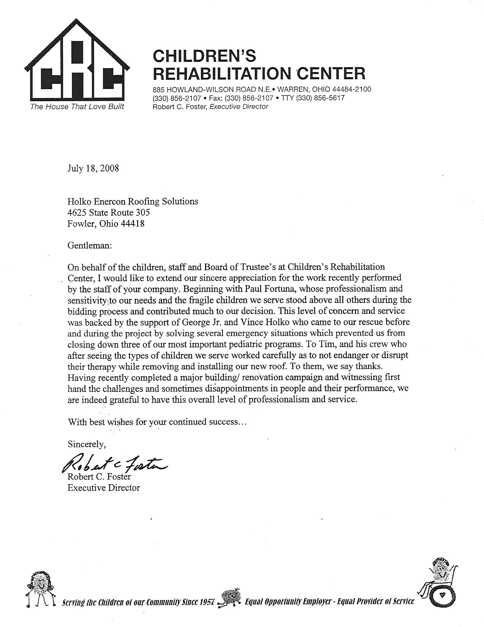Children's Rehabilitation Center Testimonial — Youngstown, OH — Holko Enercon Roofing Solutions