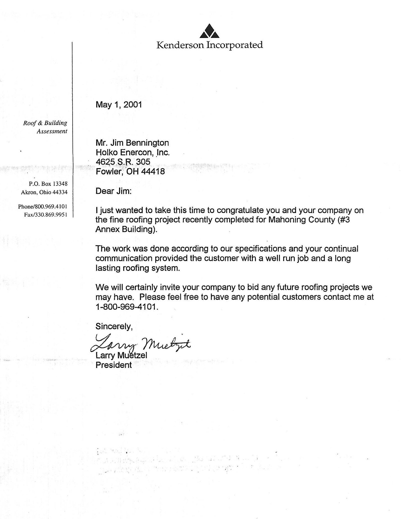 Kenderson Incorporated Testimonial — Youngstown, OH — Holko Enercon Roofing Solutions