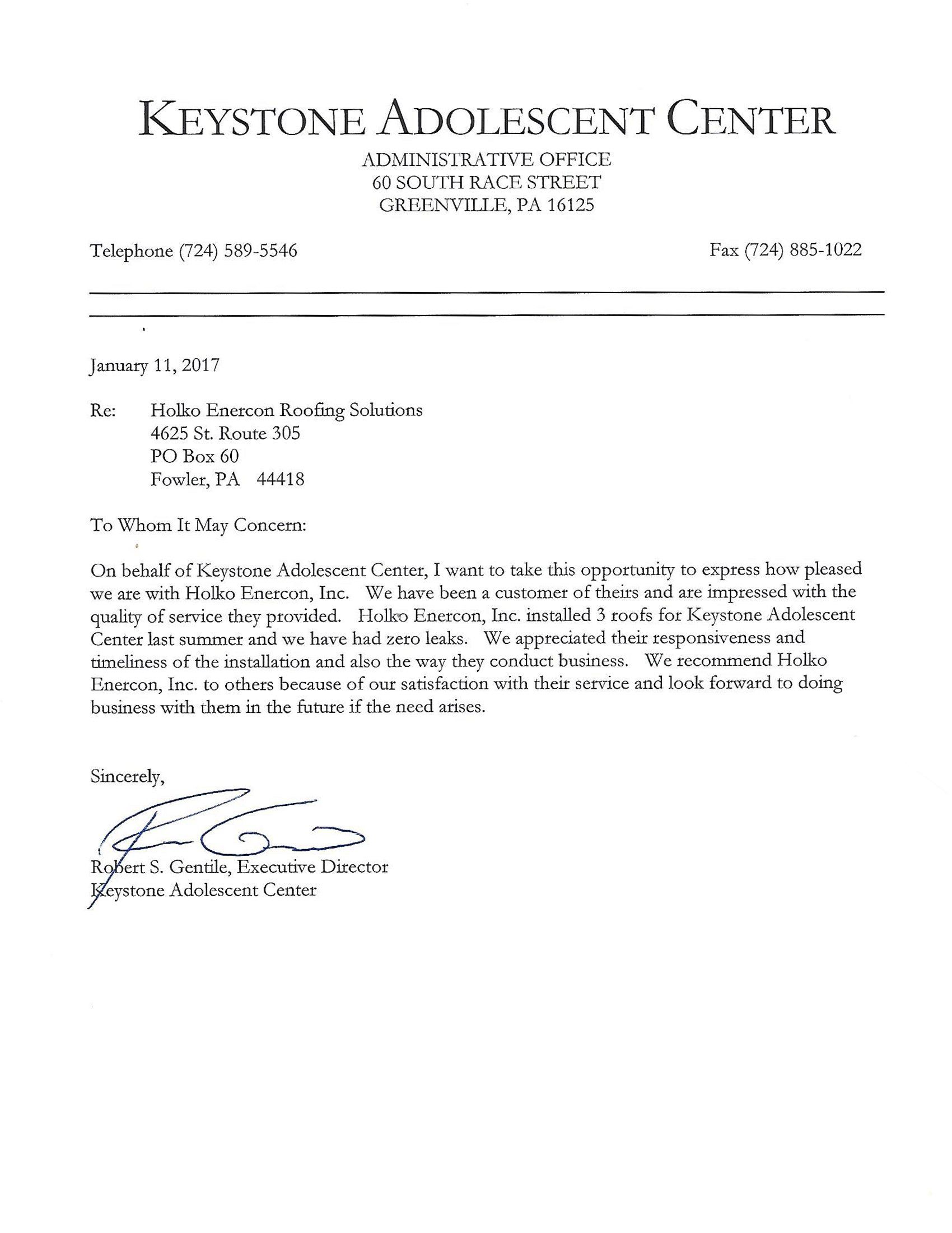 Keystone Adolescent Center Testimonial — Youngstown, OH — Holko Enercon Roofing Solutions