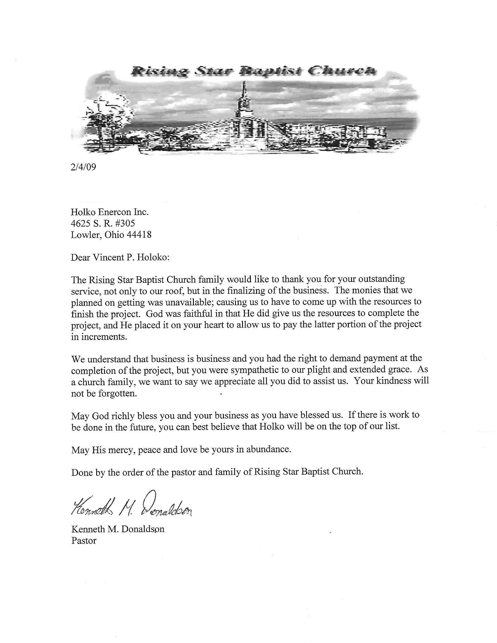 Rising Star Baptist Church Testimonial — Youngstown, OH — Holko Enercon Roofing Solutions