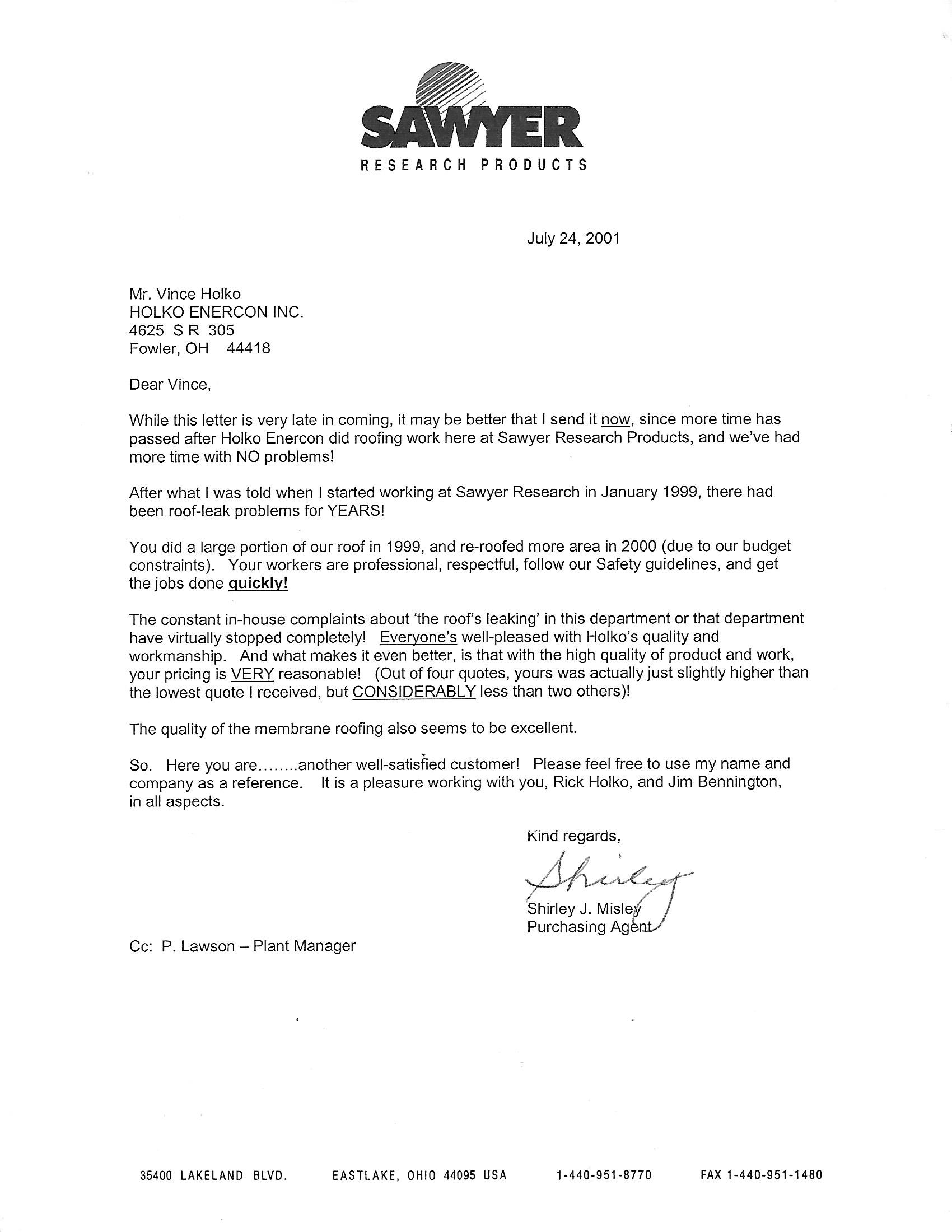 Sawyer Research Products Testimonial — Youngstown, OH — Holko Enercon Roofing Solutions