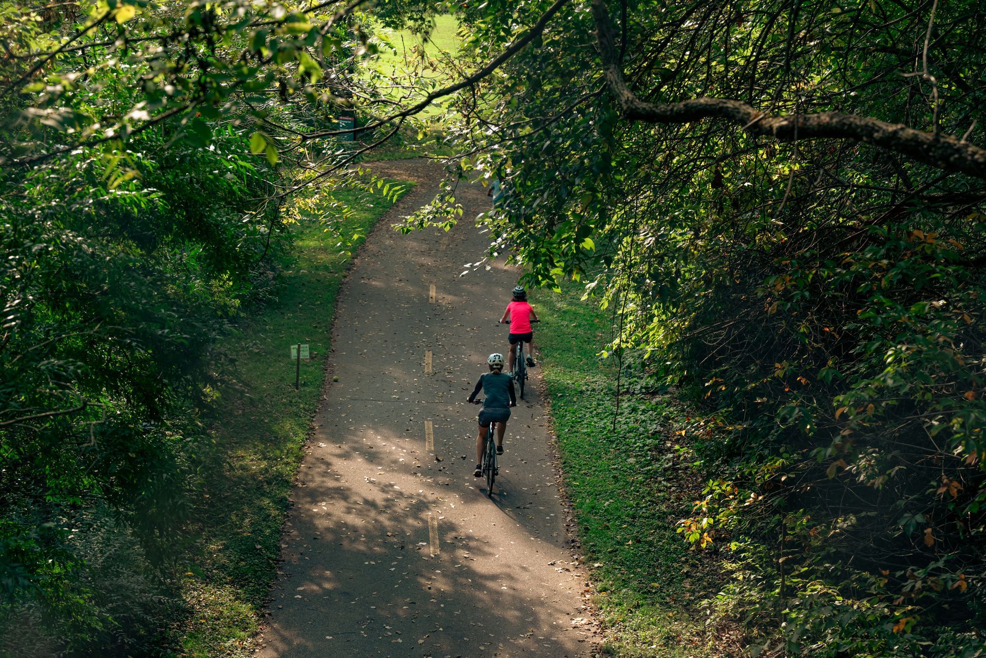 Two cyclists riding along a sunlit forest trail, one in pink and one in dark clothing.